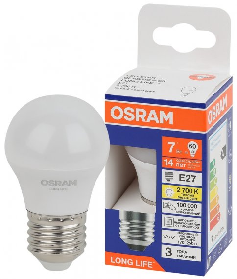 Фотография товара 'Osram 4099854186516 Светодиодная лампа LED STAR шар (P) 7Вт 2700К E27 170-250В'